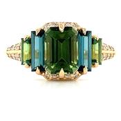 18ct Yellow Gold Earth Grown Green Tourmaline, Blue Tourmaline &amp; Diamond Ring