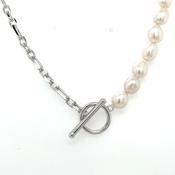 Sterling Silver Freshwater Pearl Mixed Oval Link Necklace image