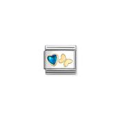 COMPOSABLE CLASSIC CHARMS in Steel, Cz FACETED with SYMBOLS, 18K Gold Blue cz Heart with Butterfly