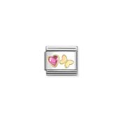 COMPOSABLE CLASSIC CHARMS in Steel, Cz FACETED with SYMBOLS, 18K Gold Pink cz Heart with Butterfly
