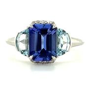 Emerald Cut Tanzanite, Half Moon Aquamarine &amp; Diamond 18kt White Gold Ring