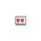 CHARM, COMPOSABLE LINK, DOUBLE HEART, FUCSIA GLITTER