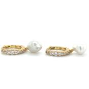 Golden Tapered Cz Hoops With Pearl Drop image