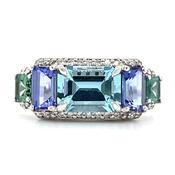 18ct White Gold Earth Grown Aquamarine, Tanzanite, Green Tourmaline &amp; Diamond Ring