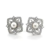 Sterling Silver Floral Cz Earrings With Pearl Centre image