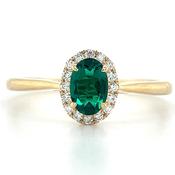14ct Yellow Gold Laboratory Grown Oval Emerald &amp; Diamond Halo Ring