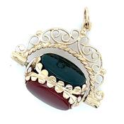 Vintage 9ct Yellow Gold Onyx, Bloodstone &amp; Carnelian Spinning Fob Pendant