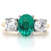 18ct Yellow Gold 1ct Laboratory Grown Oval Emerald And 1ct Round Diamond Three Stone Ring image