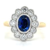 18ct Yellow Gold 0.77ct Sapphire &amp; 0.74ct Diamond Halo Ring