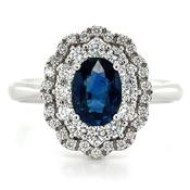18ct White Gold Earth Grown 1.01ct Sapphire Surrounded by a Double Halo of 0.39ct Diamonds