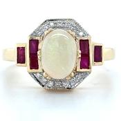 9ct Yellow Gold Vintage Deco Style Earth Grown Opal, Ruby &amp; Diamond Ring