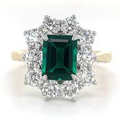 18ct Yellow Gold Laboratory Grown 0.84ct Emerald Cut Emerald And 0.81ct Diamond Halo Ring image