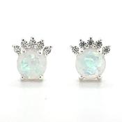 Sterling Silver Round Opal And Cz Crown Stud Earrings image