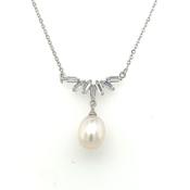 Sterling Silver Baguette Fan Pendant with Pearl Drop image