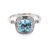 9ct White Gold Earth Grown 1.60ct Aquamarine with Baguette and Round Brilliant Diamonds .25ct Vintage Style Halo with Side Detail image