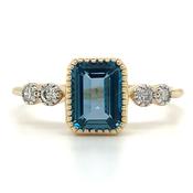 9ct Yellow Gold 1.205ct-1.385ct Emerald Cut London Blue Topaz Ring with Side Diamonds