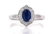 9ct White Gold 0.60ct Earth Grown Oval Sapphire With Ornate 0.13ct Diamond Ring image