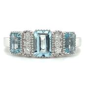 9ct White Gold Emerald Cut Earth Grown 1.025ct Aquamarine Trio &amp; Diamond Ring