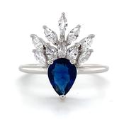Sterling Silver Pear Sapphire Cz Ring with Floral Crown image