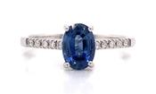 18ct White Gold Earth Grown 0.90-1.10ct Oval Sapphire With 0.09ct Diamond Set Shoulders Ring image