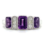 9ct White Gold Earth Grown 1.23ct Emerald Cut Purple Amethyst Trio &amp; Diamond Ring image