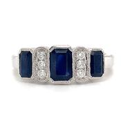 9ct White Gold Earth Grown Emerald Cut Sapphire Trio &amp; Diamond Ring