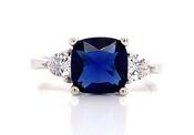 Sterling Silver Sapphire Cushion Cut Ring With Two Side Stones image