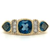 9ct Yellow Gold Earth Grown Cushion &amp; Pear Cut 1.75ct London Blue Topaz Ring