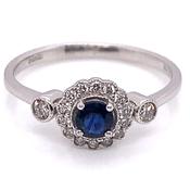 9ct White Gold Earth Grown Sapphire &amp; Diamond Halo with 2 side Diamond Ring