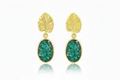 Green Druzy And Gold Leaf Earrings
