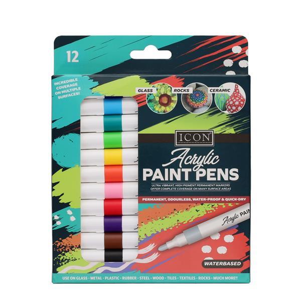 ICON Acrylic Paint Pens - Pack of 12 - Permanent, Odourless, Water-Proof & Quick-Dry