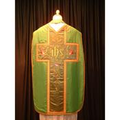 Fantastic green chasuble depicting flowers and IHS