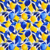 Digital Print Linen Viscose Mix - Blue Leaf and Yellow Lemons image