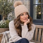 Knitted Weave Pom Pom Hat Oat