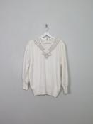 Women's Vintage Cream Embellished Angora 80s Jumper M/L
