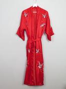 Vintage Red Satin Kimono Dressing Gown Embroidered S/M
