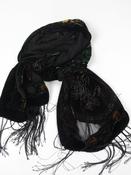 Vintage Black Velvet Devore Fringed Silk Scarf Shawl