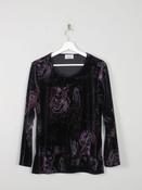 Women's Vintage Black Velvet Top With Embossed Prints S image