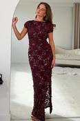 Georgie sequin Lace Split Maxi Dress Burgundy