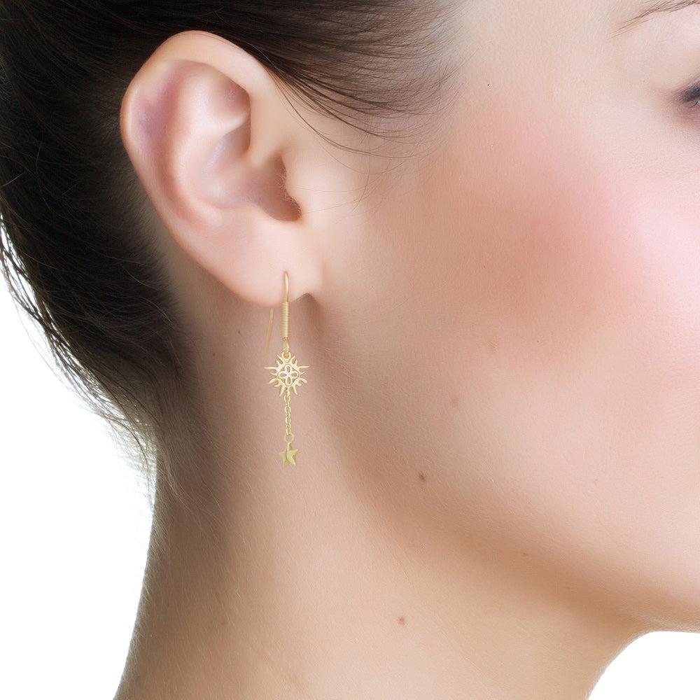 Newbridge Silverware Gold Plated Drop Earrings with Sun and Stars Design, 22mm x 10mm, Protective Anti Tarnish Layer, Butterfly Backs