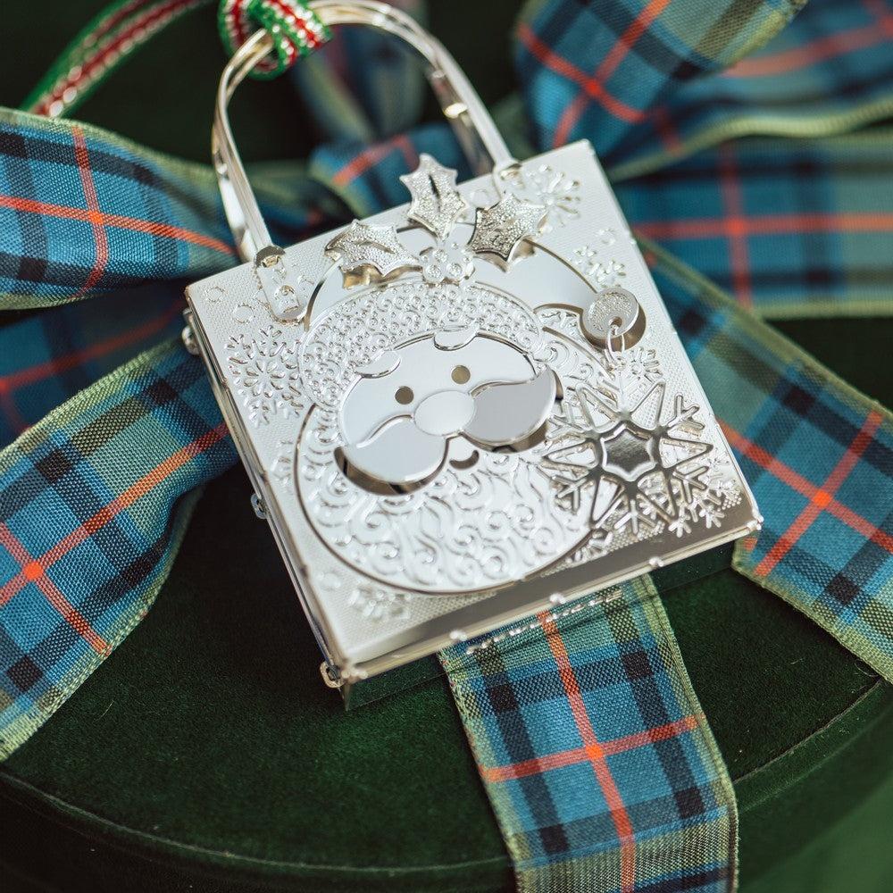 Newbridge Silverware Santa Gift Bag Christmas Tree Decoration - Silver Plated Hanging Ornament with Festive Ribbon, Santa Claus Face, Snowflakes, Holly