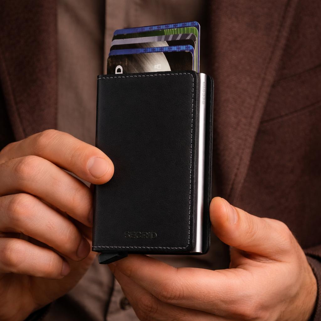 Secrid Miniwallet Black Leather Card Protector Aluminum Compact Wallet