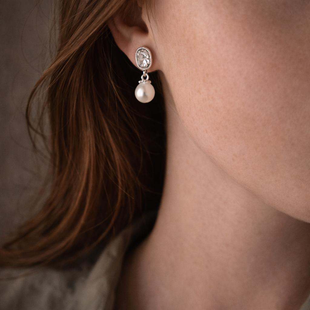 Newbridge Silver Pearl Drop Earrings with Clear Cubic Zirconia Stones - Silver Plated, Size 19mm x 12mm x 5mm, Anti-tarnish Layer, Titanium Posts, Butterfly Backs, Oval Clear Stones, Pearl Drop