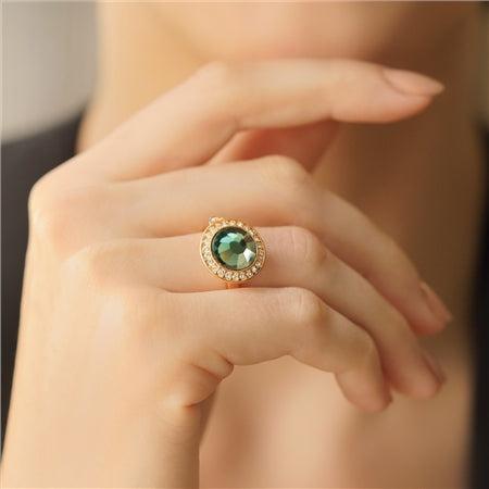 Newbridge Silverware 14k Gold Plated Ring with Oval Green Stone and Clear Crystal Accents, Adjustable, Anti-Tarnish Layer