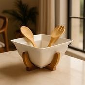 Newgrange Living White Ceramic 3 piece Salad Bowl Set, Salad Servers &amp; tray image