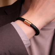 Fred Bennett Plaited Black Leather and Rose Gold IP Hexagon Clasp image