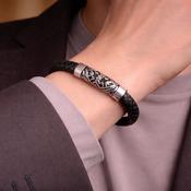 Fred Bennett Black Plaited Leather Bracelet with Steel Section image