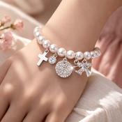 Absolute Jewellery Silver pearl 4 charm bracelet with cross image