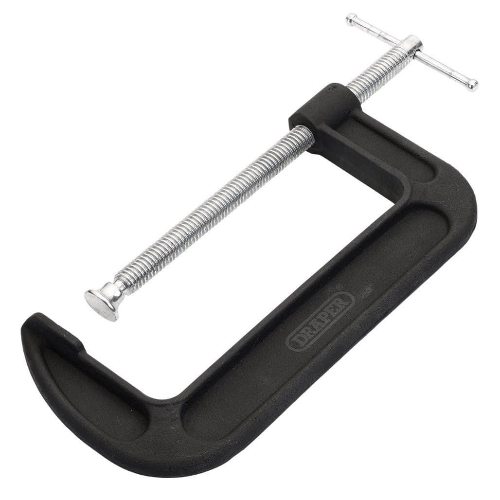 Draper 200mm Heavy Duty G Clamp Malleable Cast Iron Powder Coated Frame Silver Screw Tommy Bar Handle Swivel Shoe 80mm Throat Depth 612kg Clamp Pressure