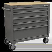 Sealey American PRO Mobile Workstation with Wooden Worktop 5 Drawer - Grey APMWS1G
